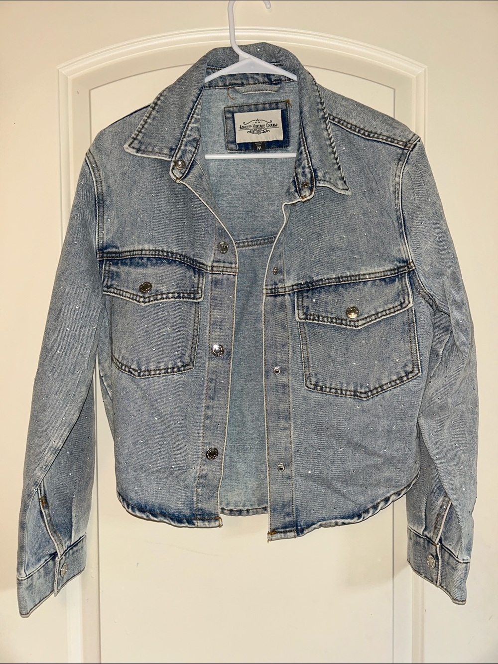 Classic Light Blue Rhinestone Denim Jacket  - Casual Jean Jacket